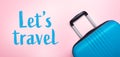 Words Let`s Travel Blue suitcase on pastel pink background Creative Summer holidays, vacation, travel concept Banner Royalty Free Stock Photo