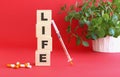 The words LIFE is made of wooden cubes on a red background with medical drugs. Royalty Free Stock Photo