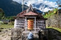 Prayer wheel in countryside village on the way to Namche Bazar, Nepal. Royalty Free Stock Photo