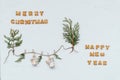 The words merry christmas and happy new year are written from cookie letters. Flat lay composition for greeting card Royalty Free Stock Photo