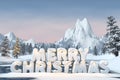 The words `Merry Christmas` sculpted in snow, 3d render