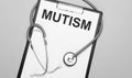 The words mutism is written on white paper on a grey background near a stethoscope. Medical concept