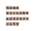 The words of the name, surname, address and city