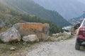 Words Nargu a famous adventure and hiking area written on Milestone marker along the roadside boundary located at the side of