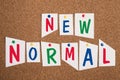 The words new normal are standing in colorful letters on pinned paper, changing world, different points of view