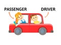 Words PASSENGER and DRIVER textcard with text cartoon characters. Opposite nouns explanation card. Flat vector