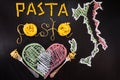 Words pasta made of cooked spaghetti and dry pasta on the black background with frame of country Italy and heart Royalty Free Stock Photo