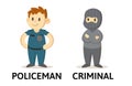 Words policeman and criminal flashcard with cartoon characters. Opposite nouns explanation card. Flat vector Royalty Free Stock Photo