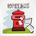 Words Post Day Vector Illustration. Red Mail box with letters flying in or away on green grass and blue sky. English