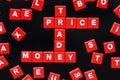 The words PRICE, BUDGET, TRADE and TAX spelled using letter