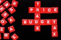 The words PRICE, BUDGET, TRADE and TAX spelled using letter