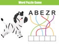 Words puzzle children educational game. Place the letters in right order. Learning vocabulary. Animals theme. Zebra Royalty Free Stock Photo