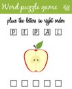 Words puzzle game with apple. Place the letters in right order. Learning vocabulary. Educational game for children