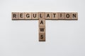 Words of regulation and laws in crossword with wooden cubes Royalty Free Stock Photo