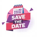 SAVETHEDATE text on purple and pink ribbons with calendar and triangles announcement Royalty Free Stock Photo