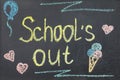 Words School`s Out and pictures. Summer holidays Royalty Free Stock Photo