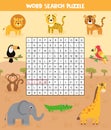 Words search puzzle for children. Set of safari animals