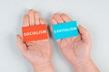 The words socialism and capitalism are standing on piece of papers, politics Royalty Free Stock Photo