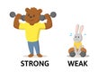 Words strong and weak flashcard with cartoon animal characters. Opposite adjectives explanation card. Flat vector Royalty Free Stock Photo