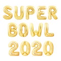 Words Super Bowl made of golden inflatable balloons isolated on white background. Helium balloons forming words Super