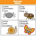 Words test educational game for children. Animals, insects theme Royalty Free Stock Photo