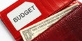 Words text BUDGET on the business card, and red leather wallet. Financial,business concept