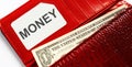 Words text MONEY on the business card, and red leather wallet. Financial,business concept