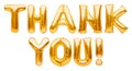 Words THANK YOU made of golden inflatable balloons isolated on white. Thank you greeting card, gold balloons lettering Royalty Free Stock Photo