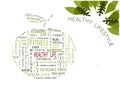 Words on the theme of a healthy lifestyle inscribed in an apple on a white background. Oak leaves. Illustration.