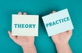 The words theory and practice are standing on pieces of paper, education concept