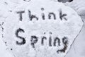 The words `think spring` written in fresh snow on a log after a spring storm Royalty Free Stock Photo