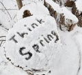 The words `think spring` written in fresh snow on a log after a spring storm Royalty Free Stock Photo