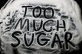 Words Too Much Sugar written in and with sugar grains, capital l