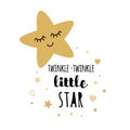 Words twinkle twinkle little star text with gold stars for girl baby shower card template Royalty Free Stock Photo