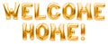 Words WELCOME HOME made of golden inflatable balloons isolated on white background. Helium balloons gold foil forming welcoming