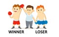 Words WINNER and LOSER textcard with text cartoon characters. Opposite nouns explanation card. Flat vector illustration