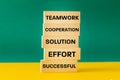 Words written on a wooden block, teamwork, collaboration, solution, effort, success, creative business concept, brainstorming,