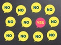 The words yes and no on speech bubbles. To accept or reject. Opinion poll or voting