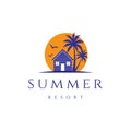 Sunset Palm House Cabin Cottage Resort Hotel Inn Real Estate Summer Travel Logo Design Vector