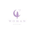 Pretty Beauty Angel Woman Girl Lady Female Crescent Moon Silhouette Logo Design Vector