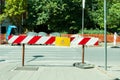 Work ahead street reconstruction site with sign and fence as road barricade Royalty Free Stock Photo