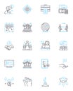 Work area linear icons set. Desk, Cubicle, Office, Warehouse, Studio, Studio, Factory line vector and concept signs