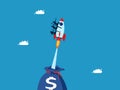 Work as a team for investment innovation. Business team flying in a rocket from a money bag