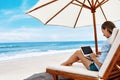 Work At Beach. Business Woman Working Online On Laptop Outdoors