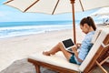 Work At Beach. Business Woman Working Online On Laptop Outdoors Royalty Free Stock Photo