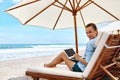 Work At Beach. Business Woman Working Online On Laptop Outdoors Royalty Free Stock Photo