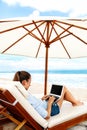 Work At Beach. Business Woman Working Online On Laptop Outdoors Royalty Free Stock Photo