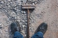 Work boots on a construction background. Protective workwear at a construction site Royalty Free Stock Photo