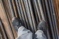 Work boots on a construction background. Protective workwear at a construction site Royalty Free Stock Photo