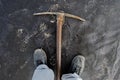 Work boots on a construction background. Protective workwear at a construction site Royalty Free Stock Photo